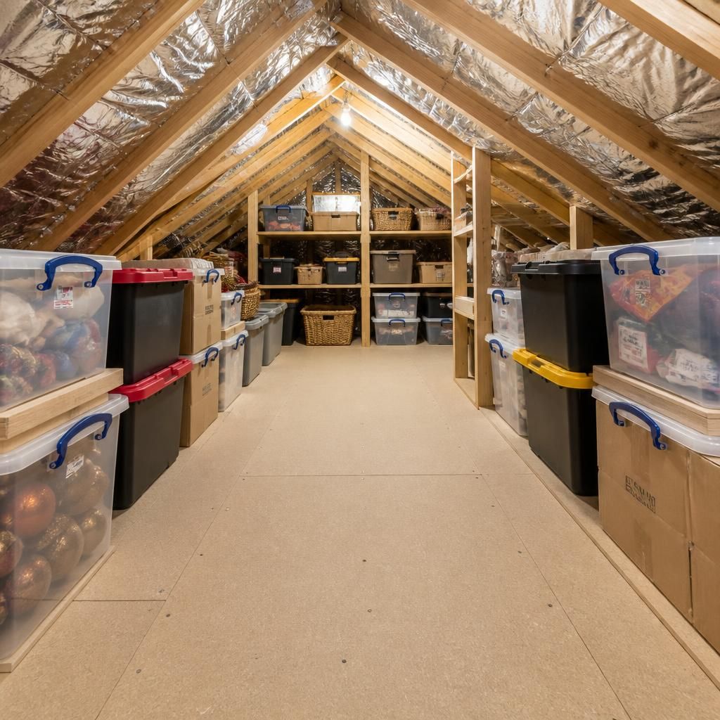 Loft shelving and lighting arranged around raised flooring