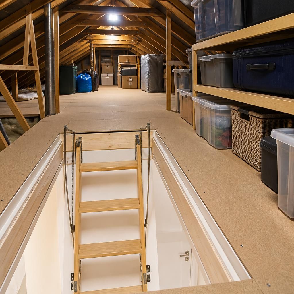 Completed loft storage area with raised flooring and organised boxes