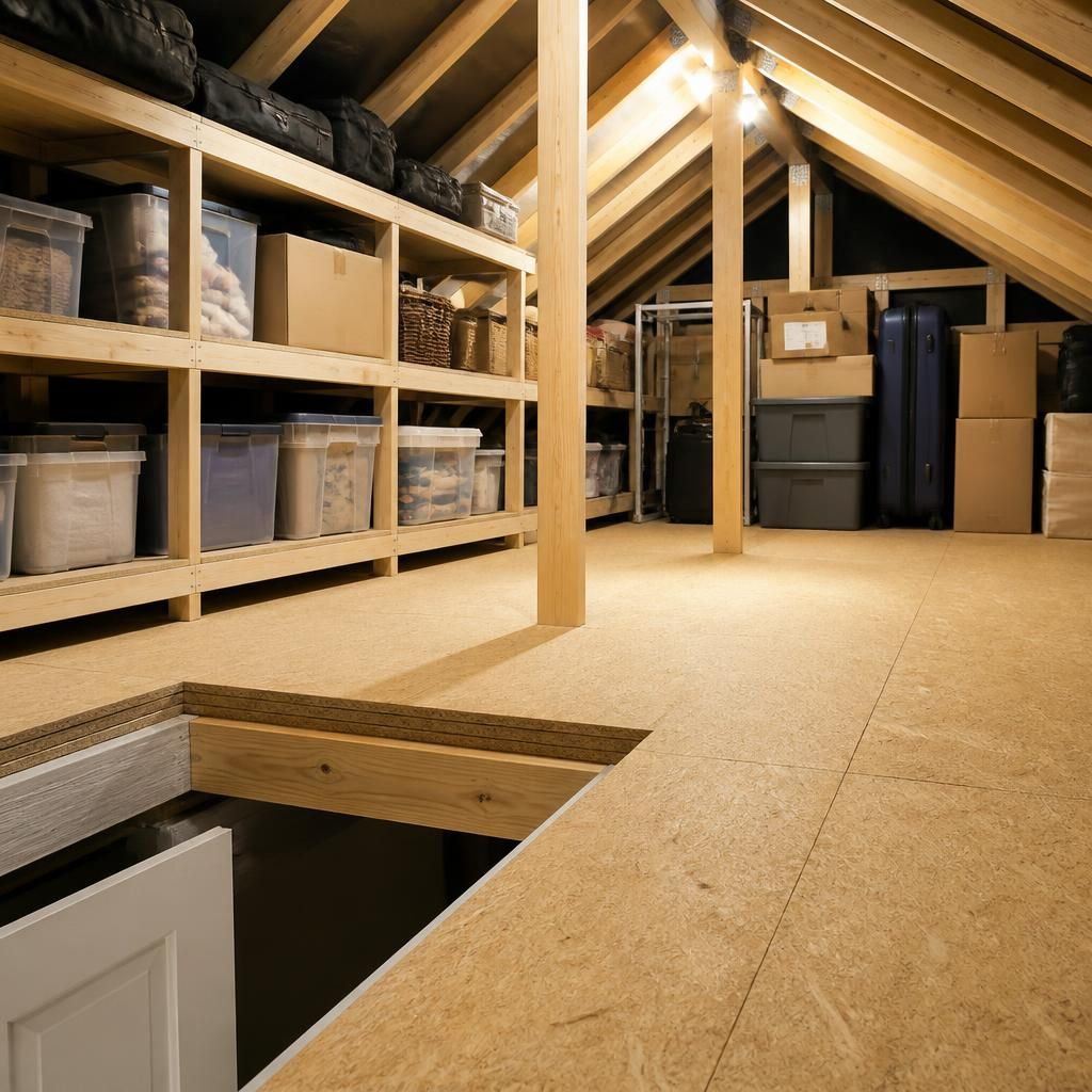 Complete loft storage package with flooring, ladder, hatch and shelving