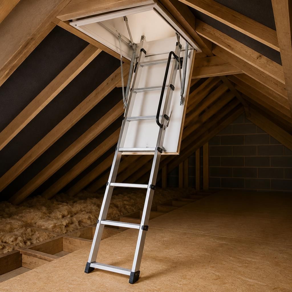 Insulated drop-down hatch and aluminium sliding loft ladder