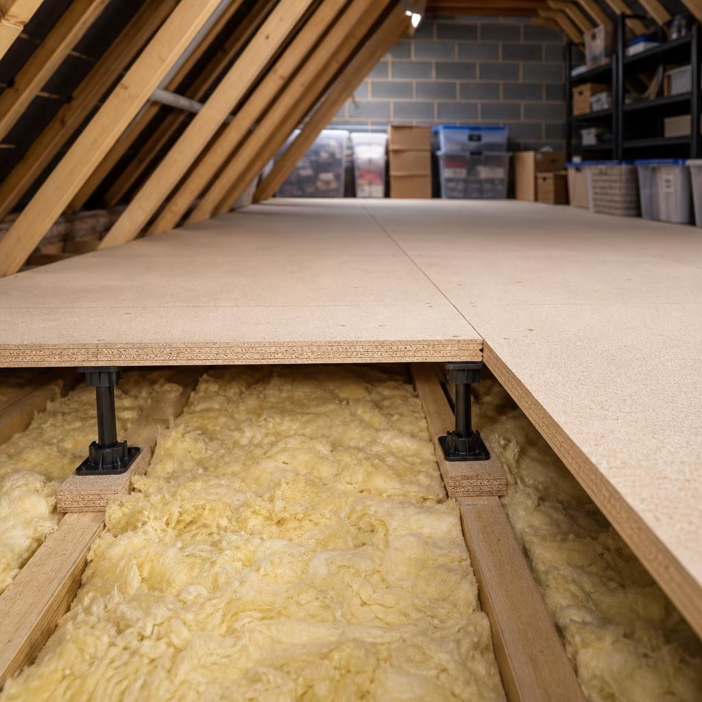 Raised loft flooring creating storage above insulation