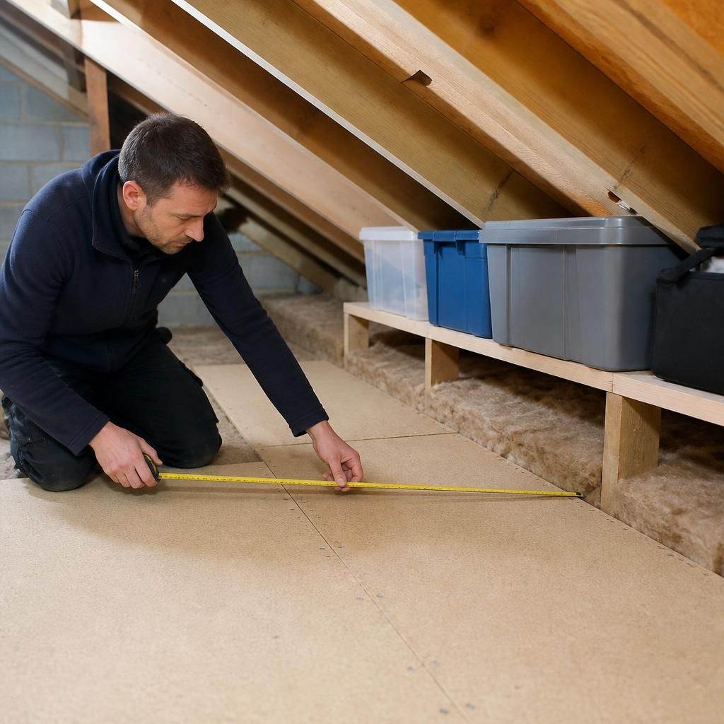 Surveyor measuring a compact loft storage area beneath a sloping roof