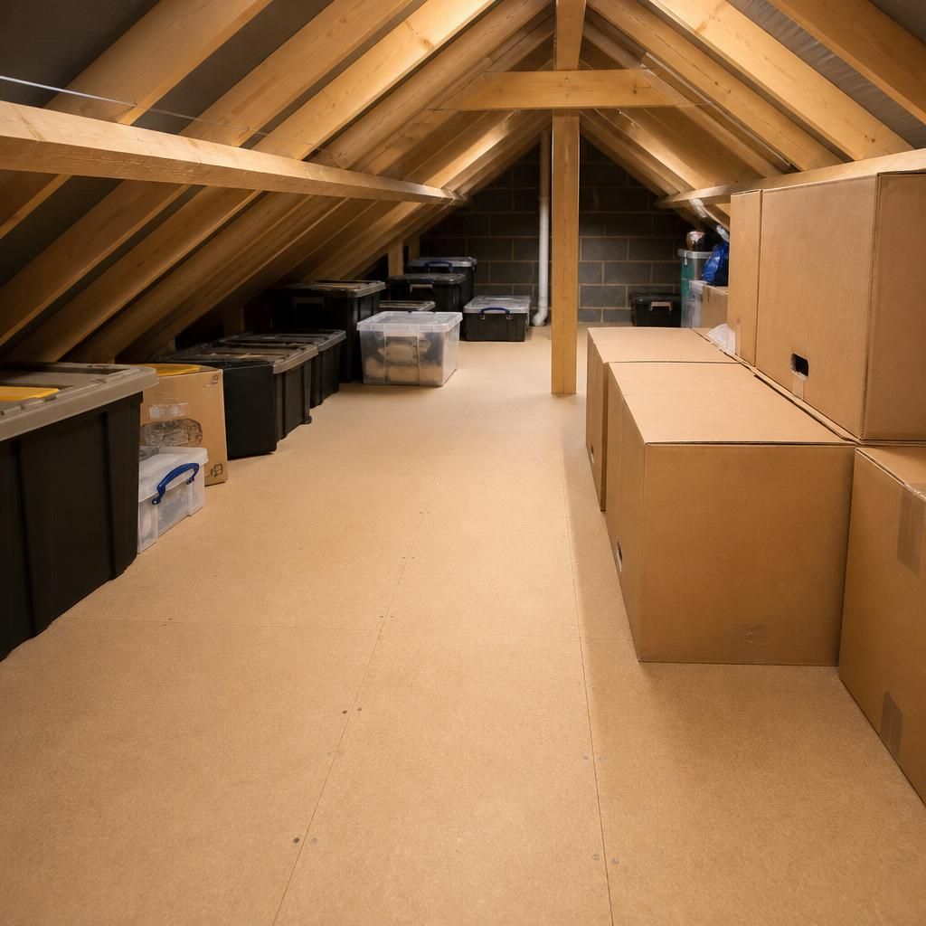 Compact raised loft floor with boxes positioned across the boarded area