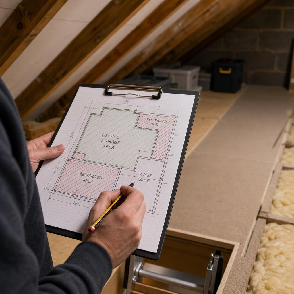 Survey plan showing a compact loft storage layout with marked usable areas