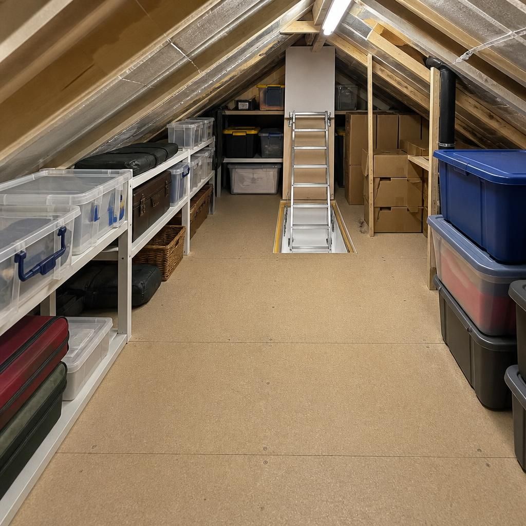 Completed small loft storage area with organised boxes and clear access route